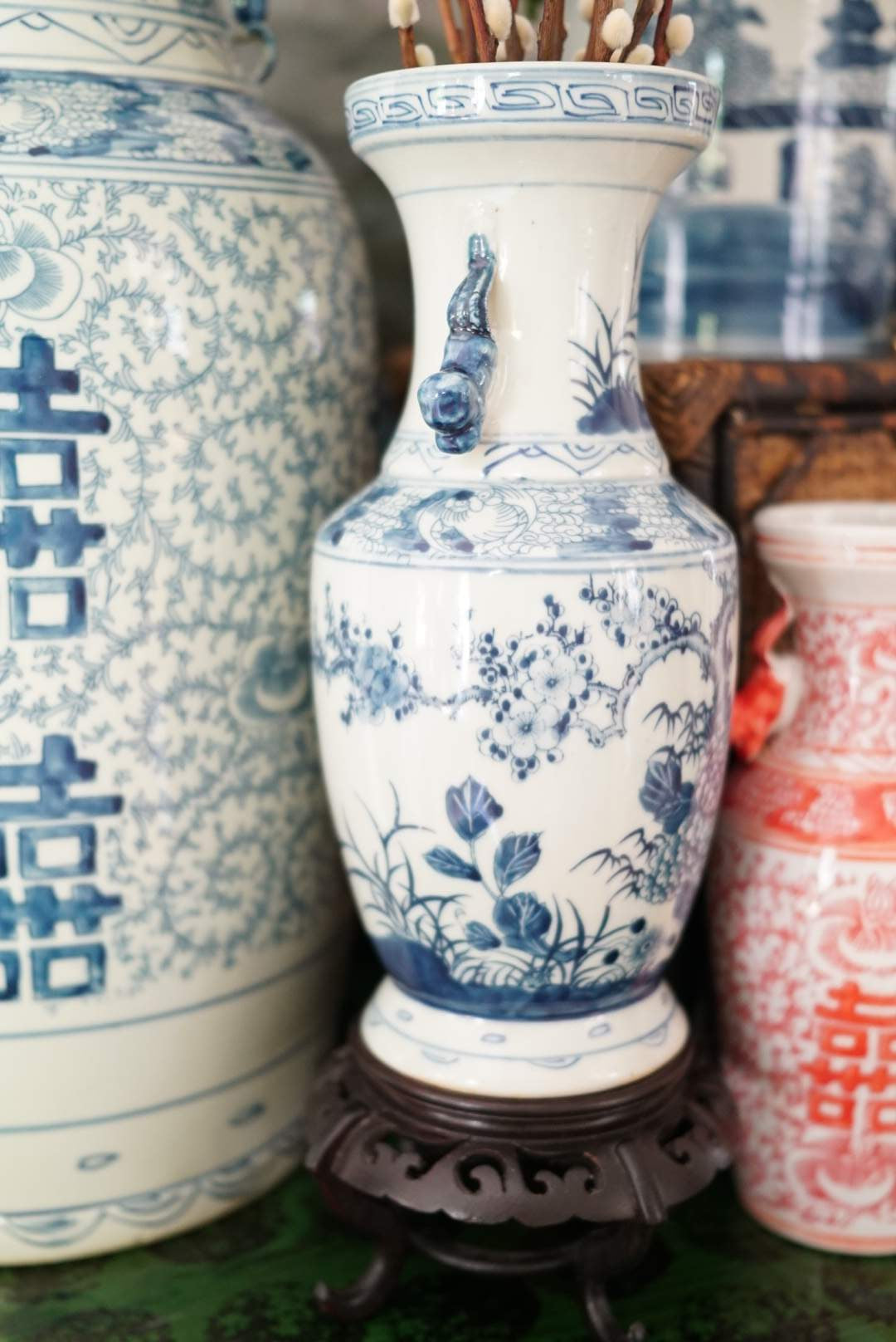 Blue and White All Season Garden Vase with Foo Handles