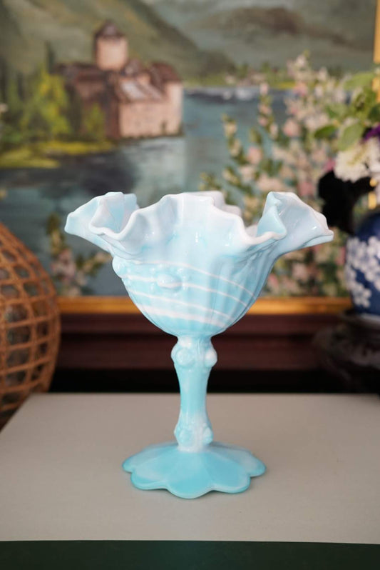 Vintage Fenton Blue Marble Slag Ruffled Compote with Cabbage Rose