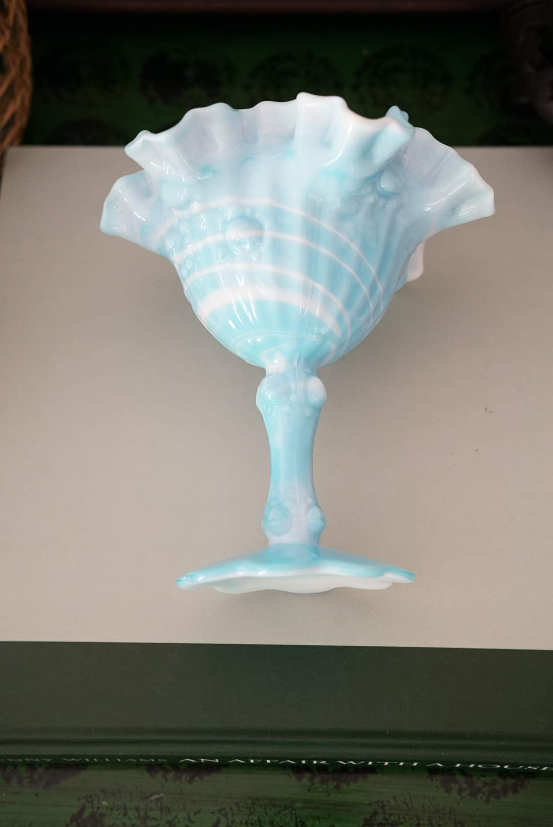 Vintage Fenton Blue Marble Slag Ruffled Compote with Cabbage Rose