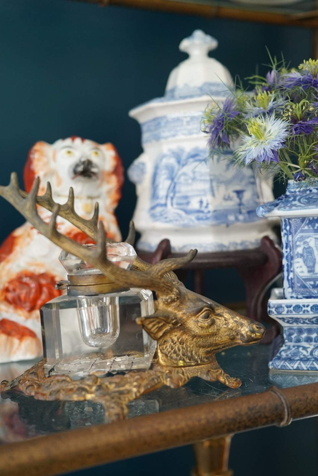 Antique Cast Iron Stag Crystal Inkwell