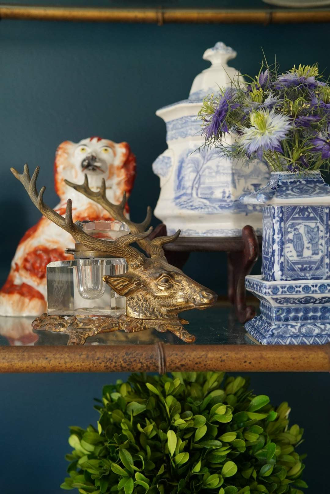 Antique Cast Iron Stag Crystal Inkwell