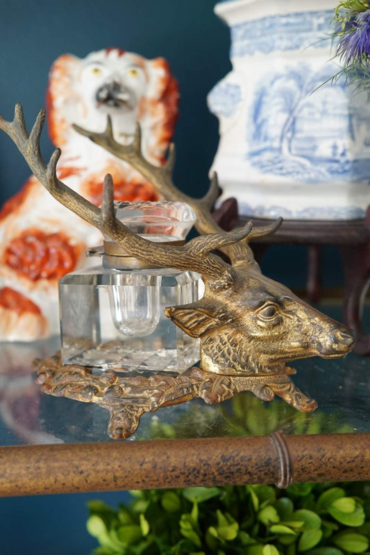 Antique Cast Iron Stag Crystal Inkwell