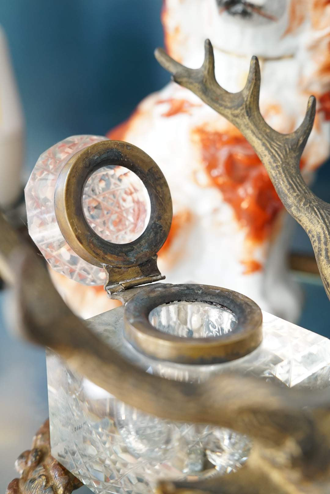 Antique Cast Iron Stag Crystal Inkwell