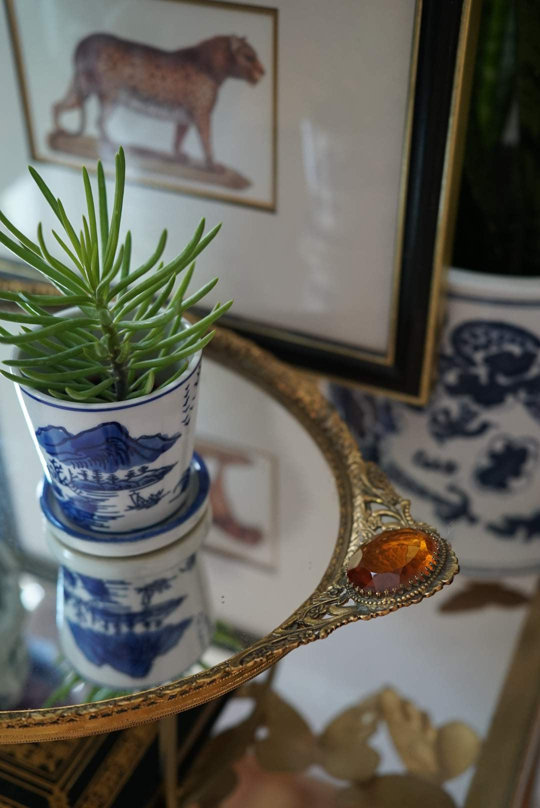 18” Regency Mirror Vanity Tray with Amber Glass Handles