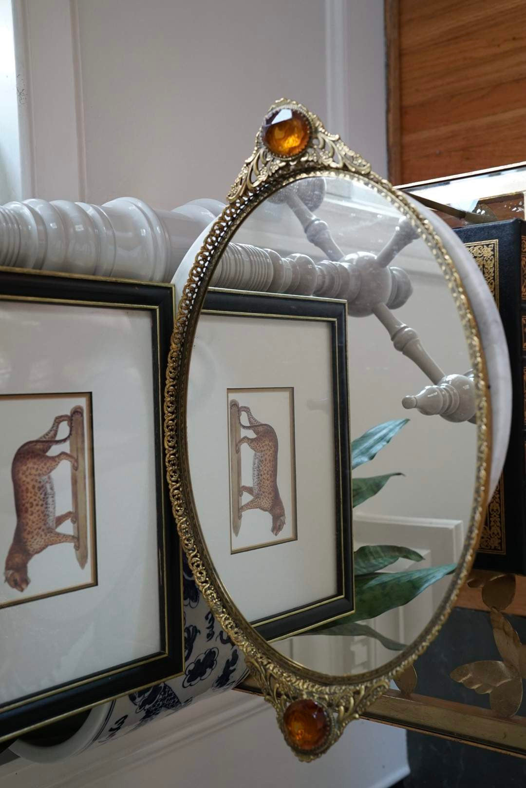 18” Regency Mirror Vanity Tray with Amber Glass Handles