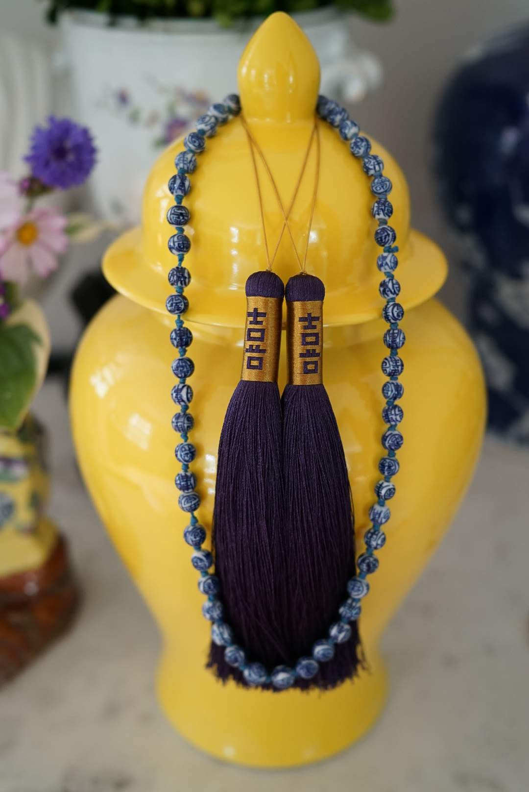 Vintage Hand-knotted Necklace with Hand-painted Porcelain Beads