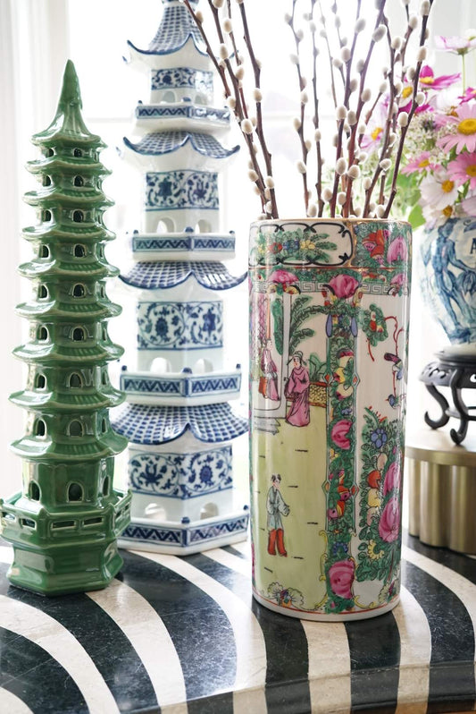 Tall 12” Rose Medallion Cylinder Vase