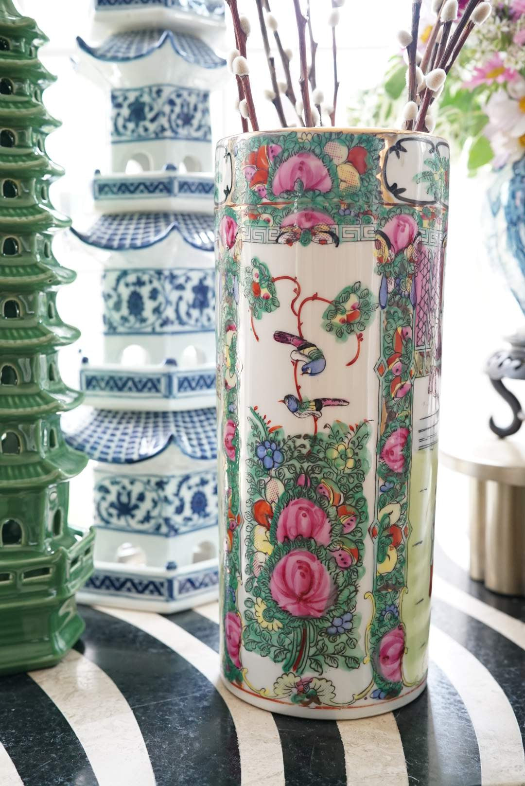 Tall 12” Rose Medallion Cylinder Vase