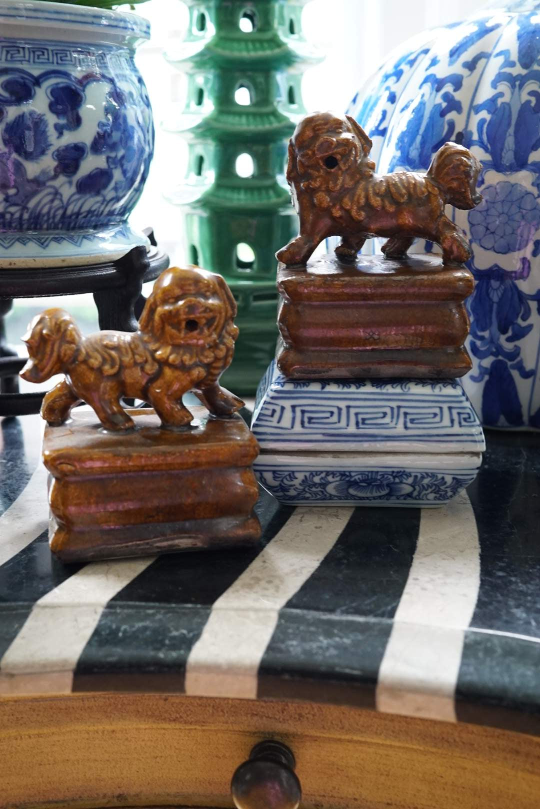 Pair of—Petite Mustard Color Glazed Foo Dogs