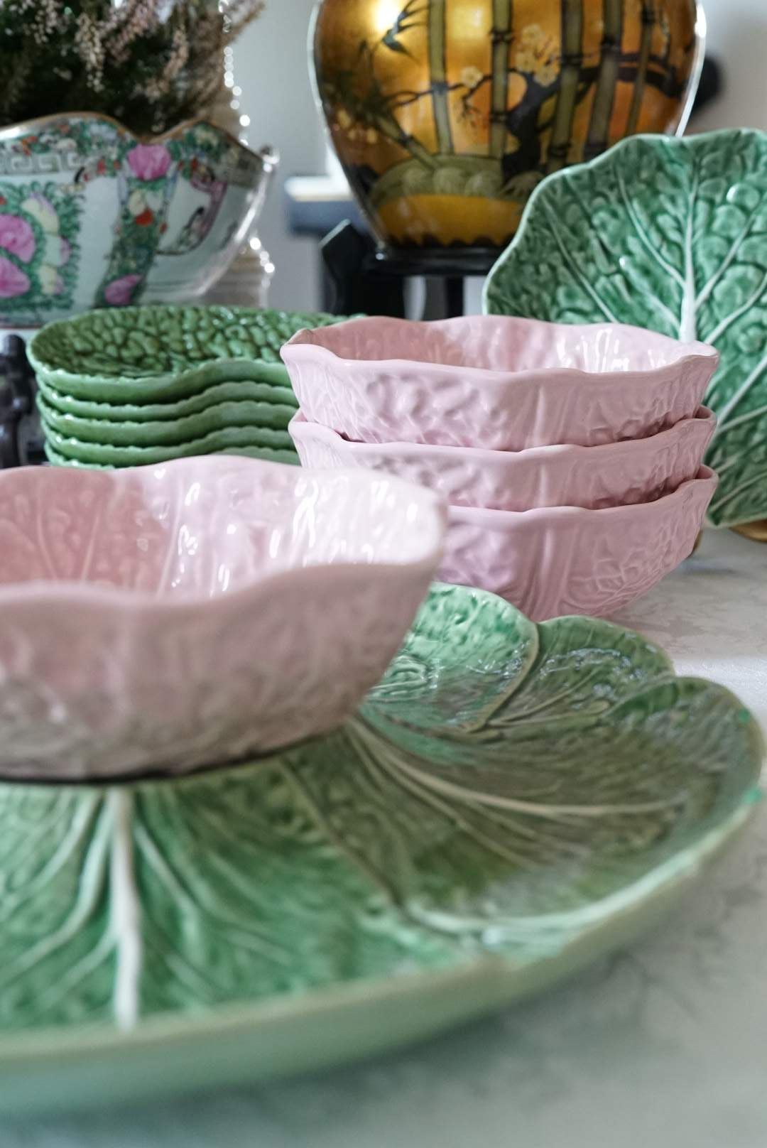 Majolica Pink Cabbage Cereal Bowls