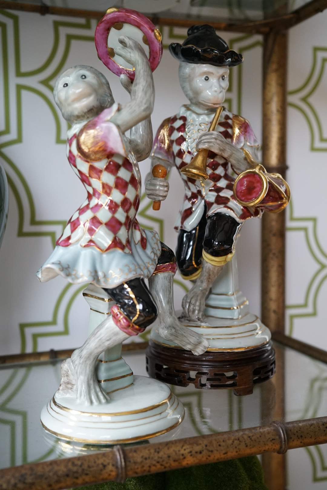 Pair of — Large Vintage Dancing Monkey in Pink and White Harlequin Costume