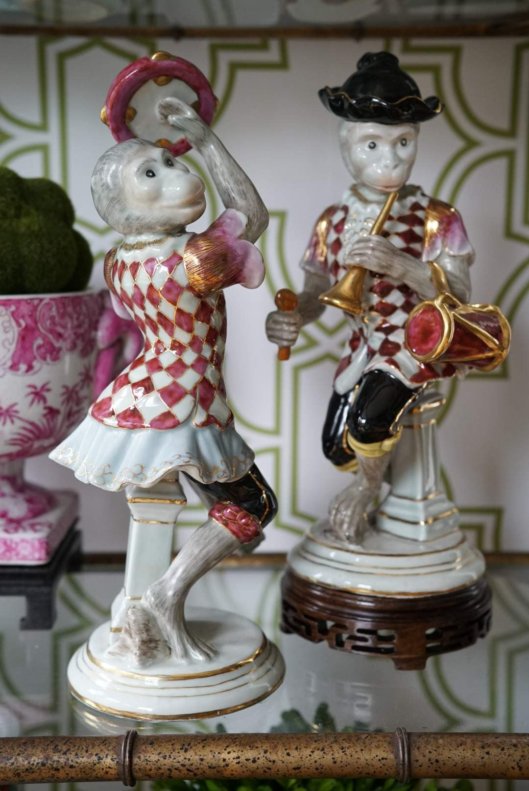 Pair of — Large Vintage Dancing Monkey in Pink and White Harlequin Costume