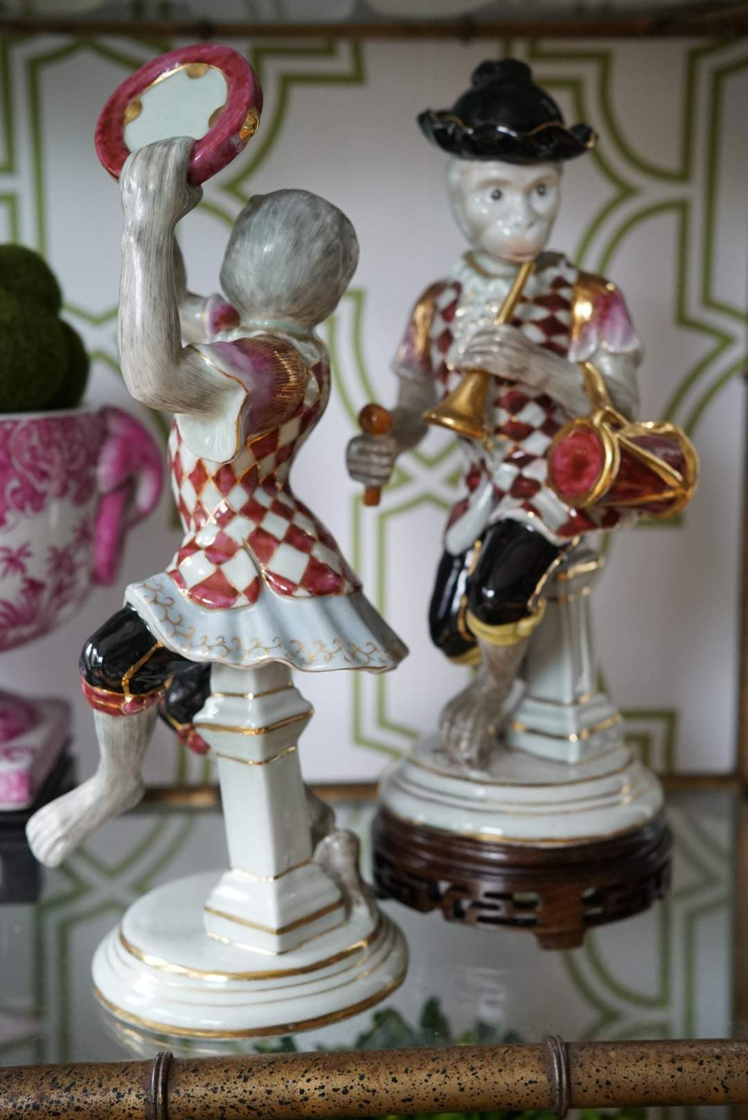 Pair of — Large Vintage Dancing Monkey in Pink and White Harlequin Costume