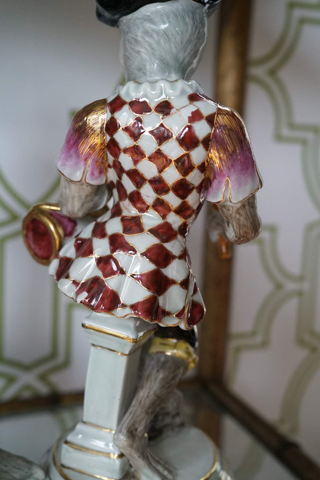 Pair of — Large Vintage Dancing Monkey in Pink and White Harlequin Costume