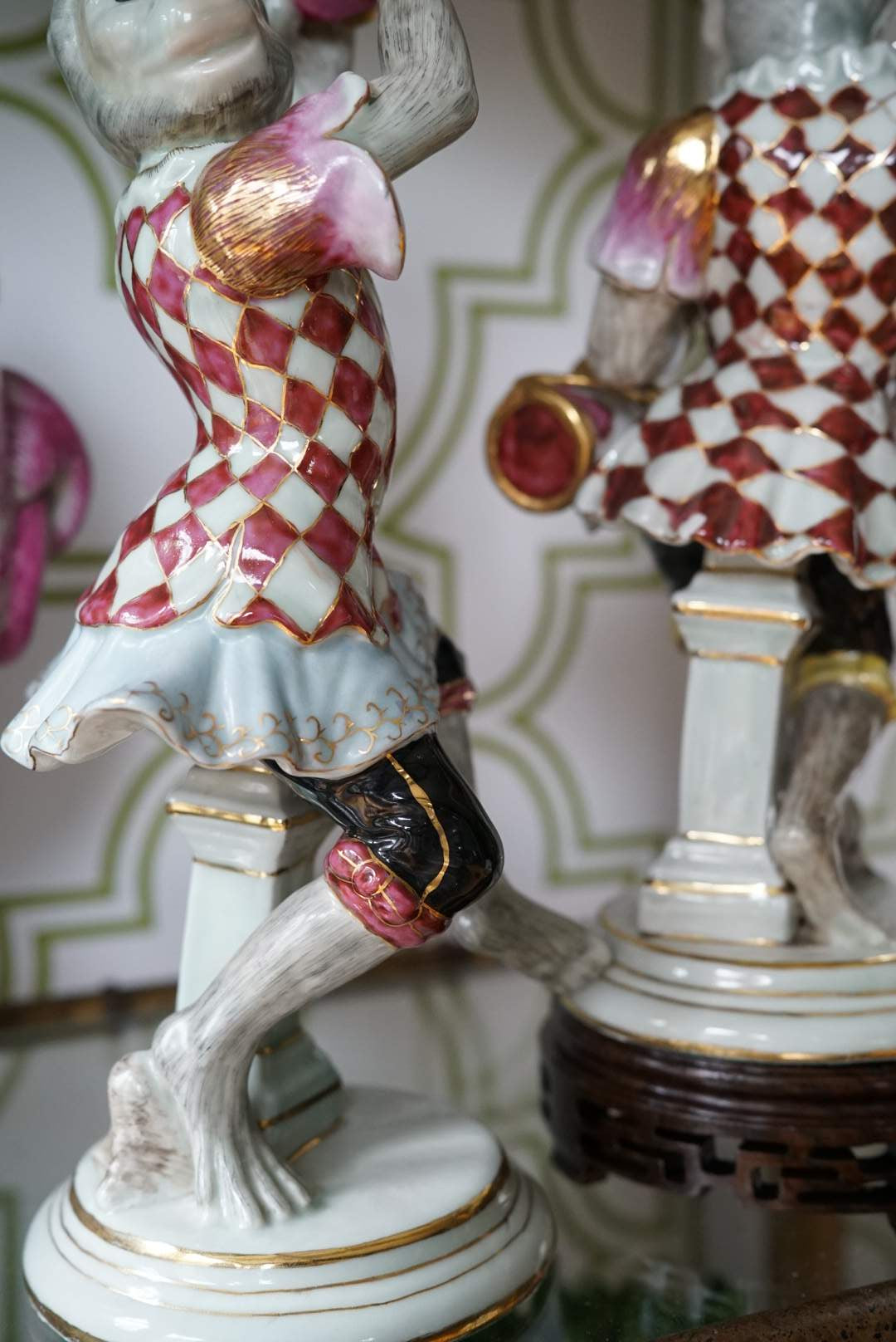 Pair of — Large Vintage Dancing Monkey in Pink and White Harlequin Costume
