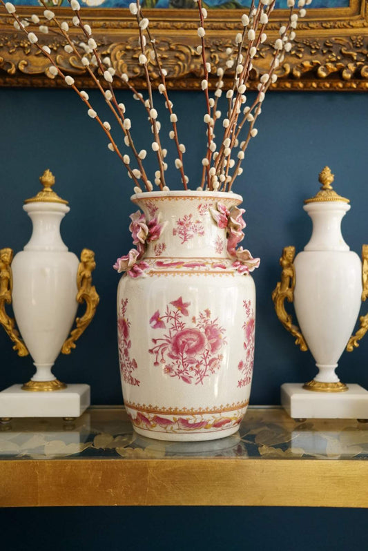 United Wilson Large Pink and White Vase with Rose Branch Handles