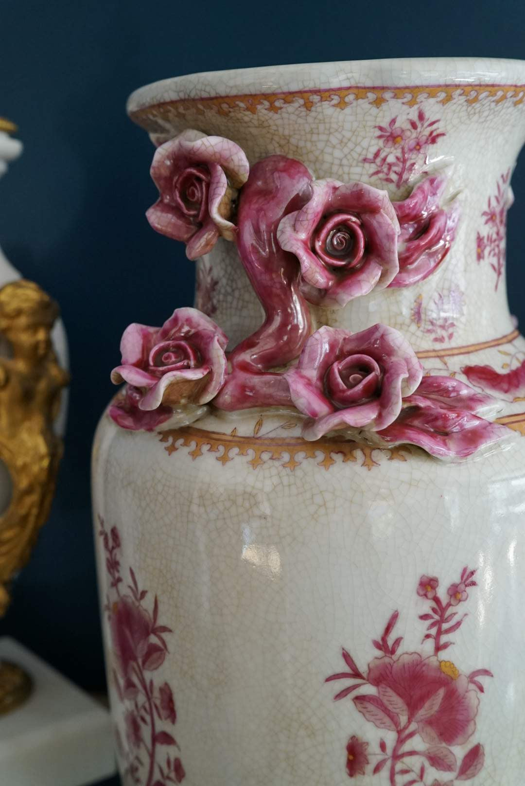 United Wilson Large Pink and White Vase with Rose Branch Handles