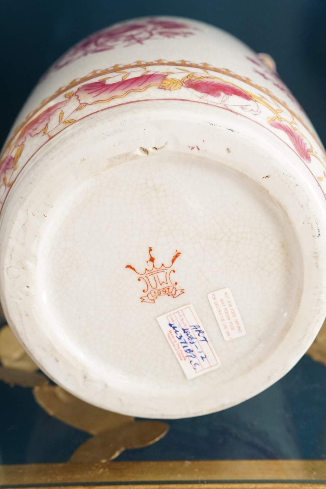 United Wilson Large Pink and White Vase with Rose Branch Handles