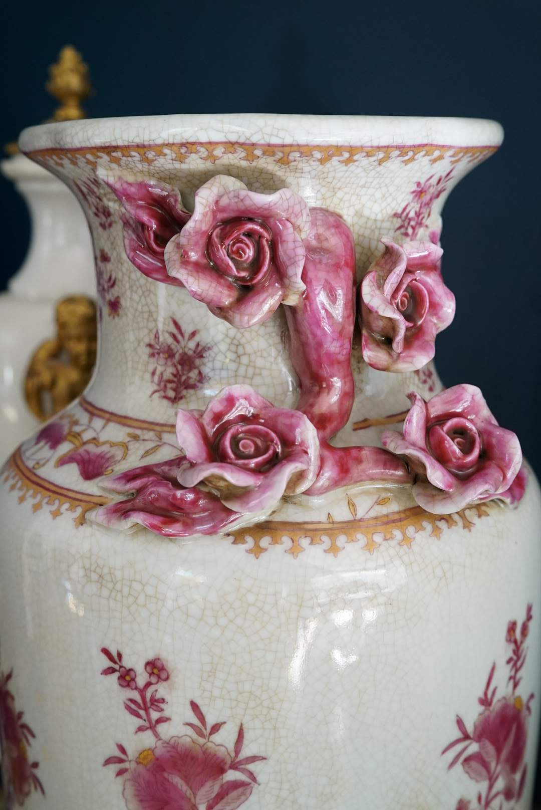 United Wilson Large Pink and White Vase with Rose Branch Handles