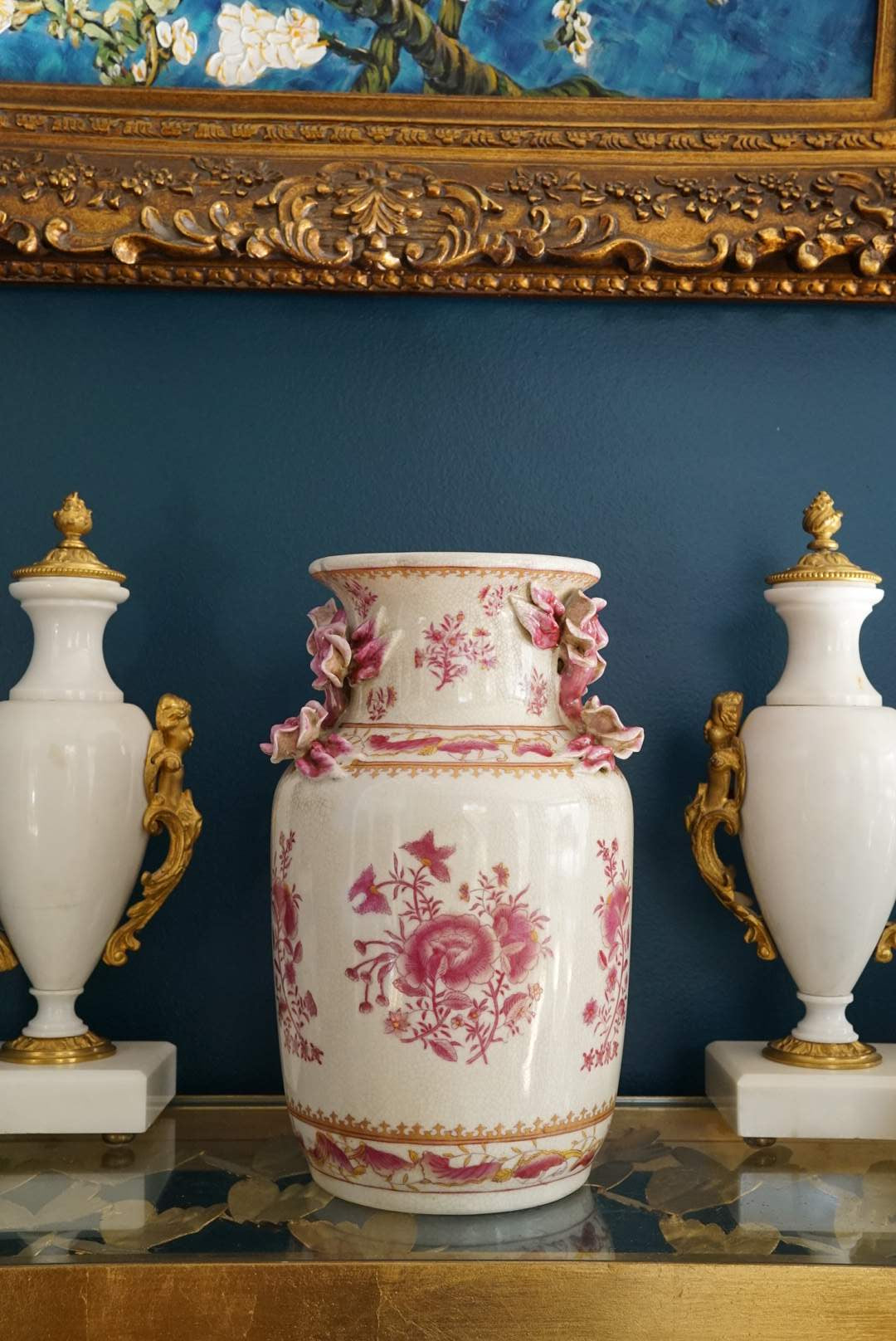 United Wilson Large Pink and White Vase with Rose Branch Handles