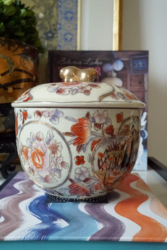 Vintage Blooming Rice Jar with Foo Dog Finial