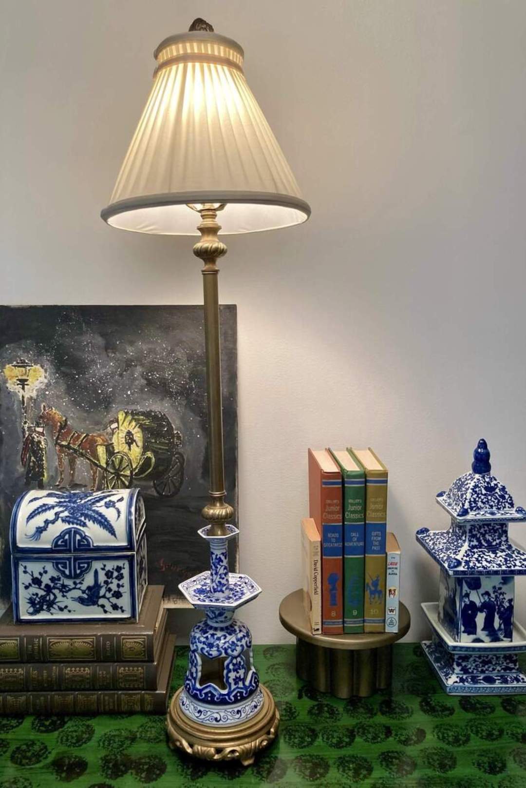 3ft Vintage John Richard Chinoiserie and Brass Lamp