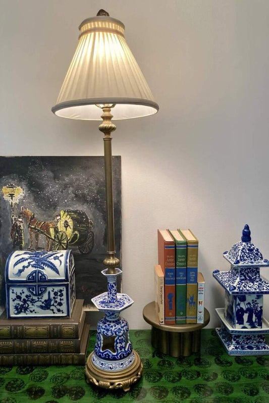 3ft Vintage John Richard Chinoiserie and Brass Lamp