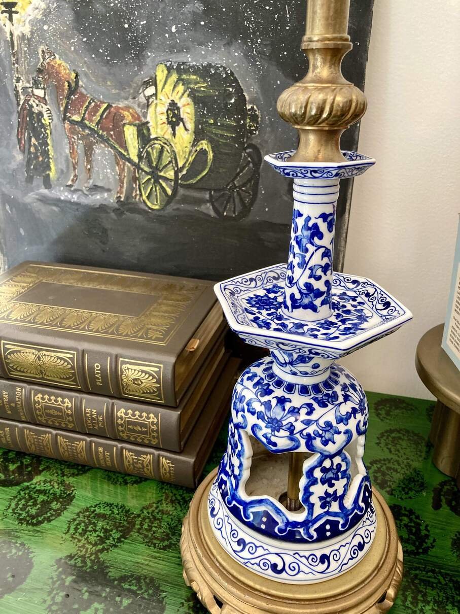 3ft Vintage John Richard Chinoiserie and Brass Lamp