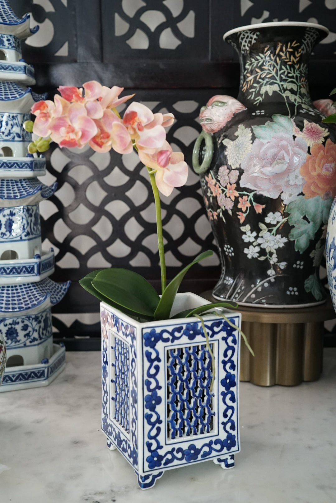 Famille Noire Floral Vase with Lion Head Handles