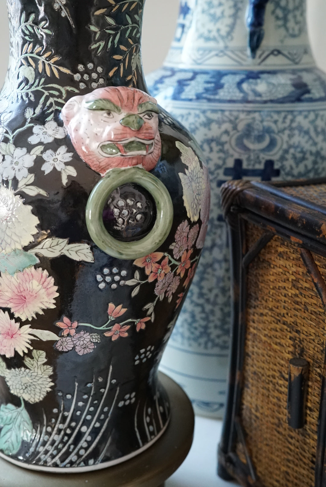 Famille Noire Floral Vase with Lion Head Handles
