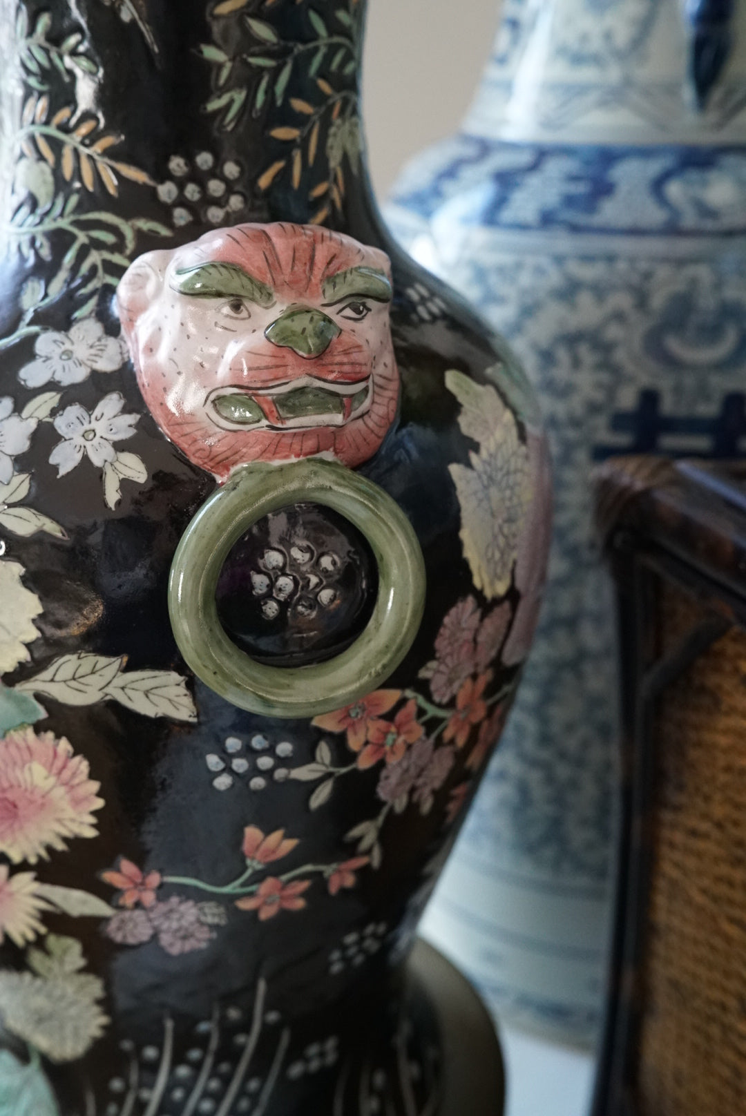 Famille Noire Floral Vase with Lion Head Handles