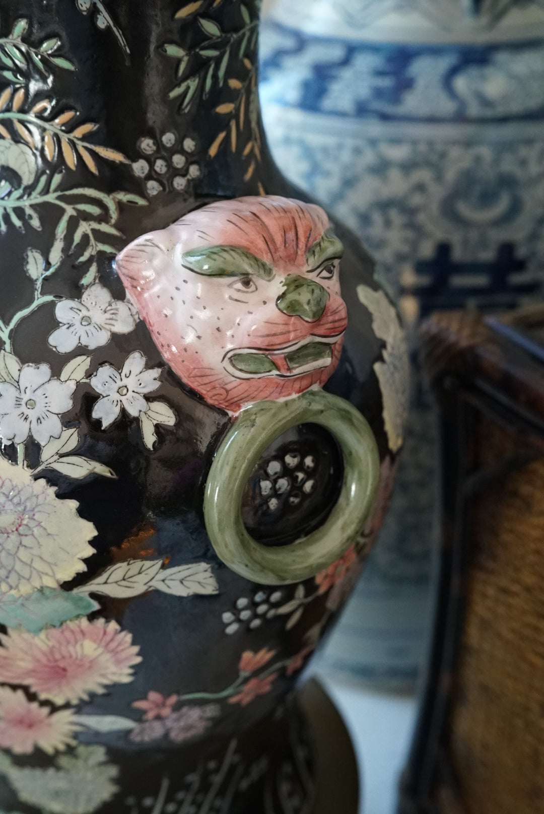 Famille Noire Floral Vase with Lion Head Handles