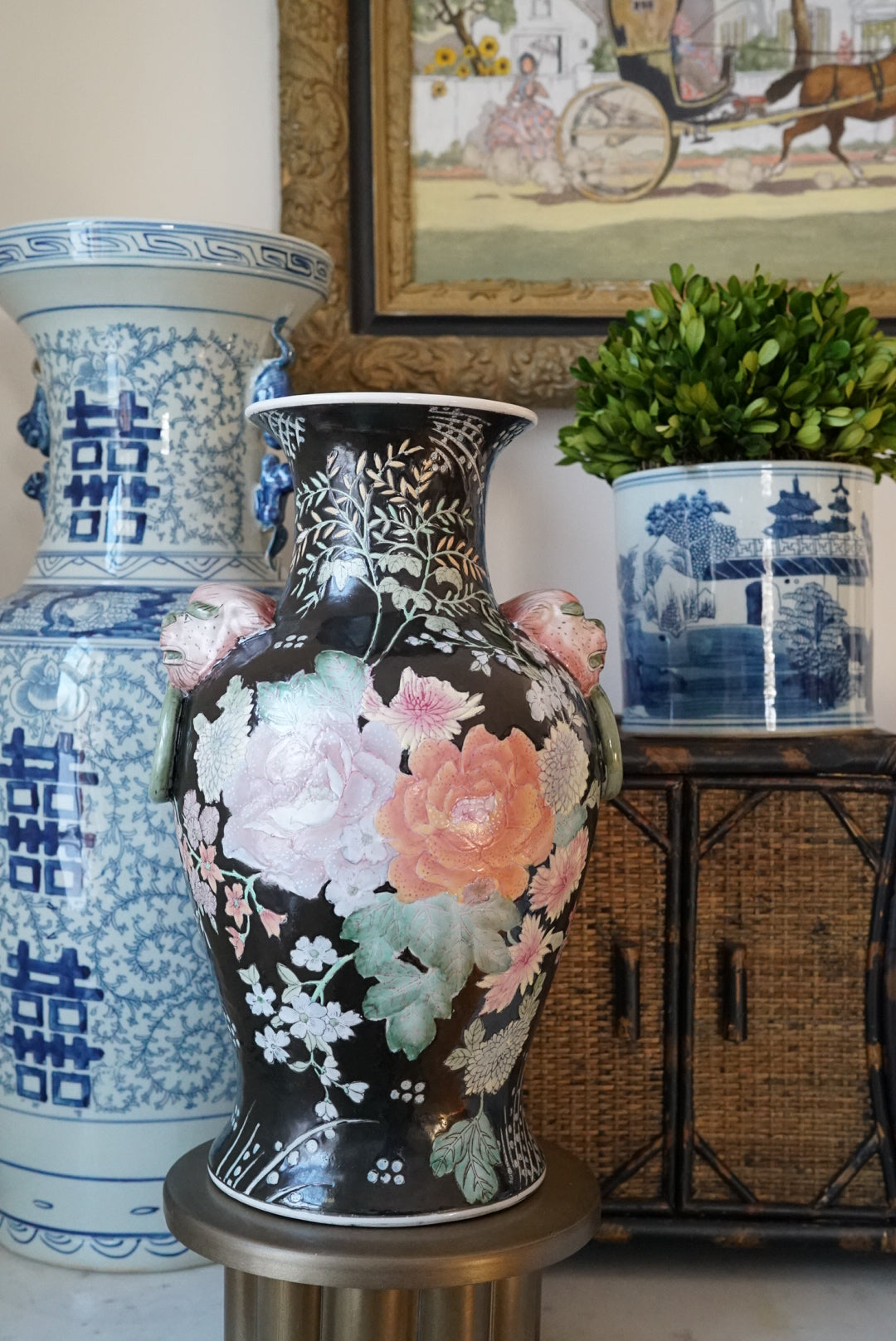 Famille Noire Floral Vase with Lion Head Handles