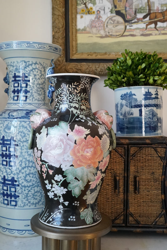 Famille Noire Floral Vase with Lion Head Handles