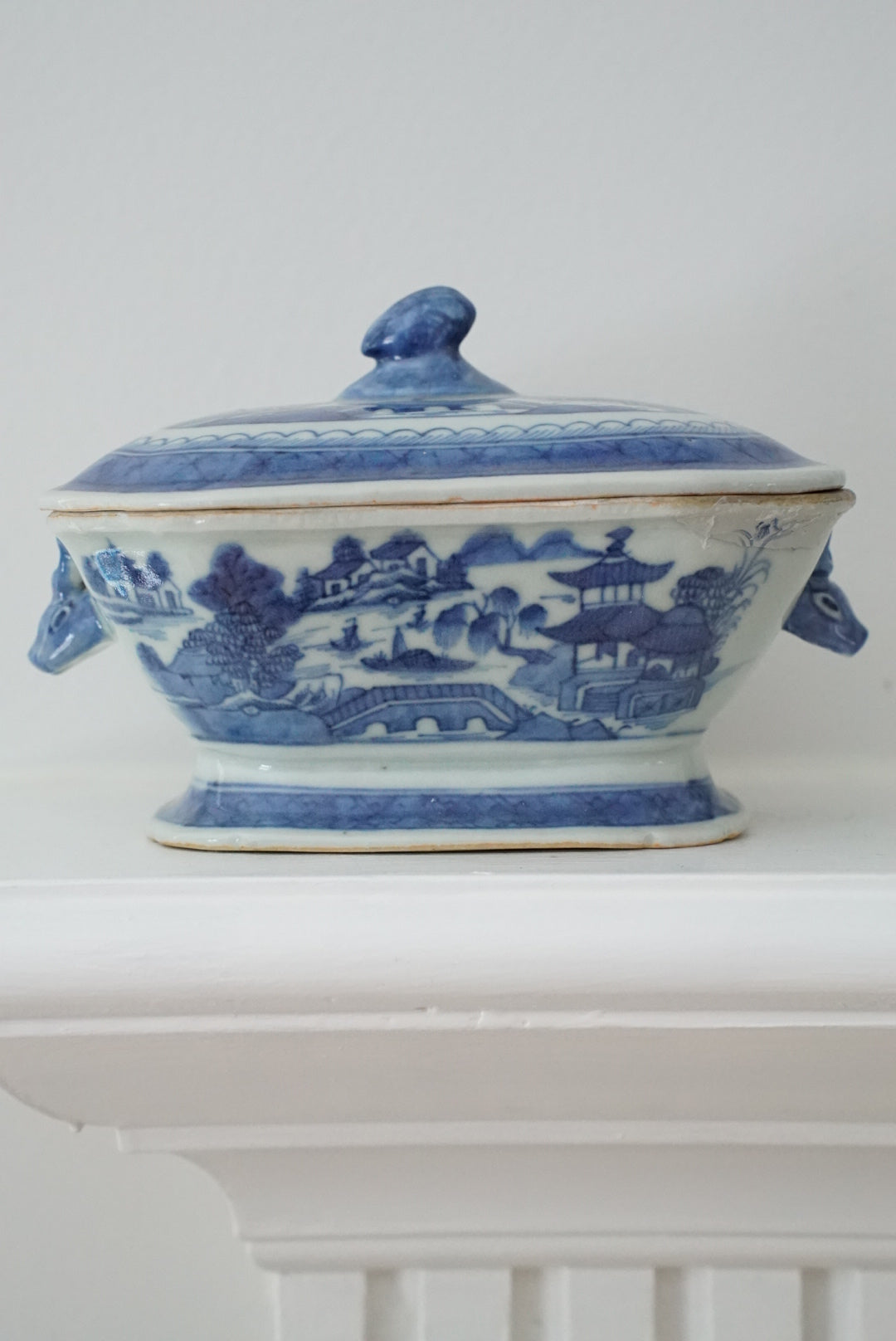 Antique Blue Canton Sauce Tureen with Boar Handles