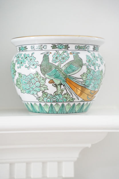 Vintage Gold Imari Green Peacock Jardiniere