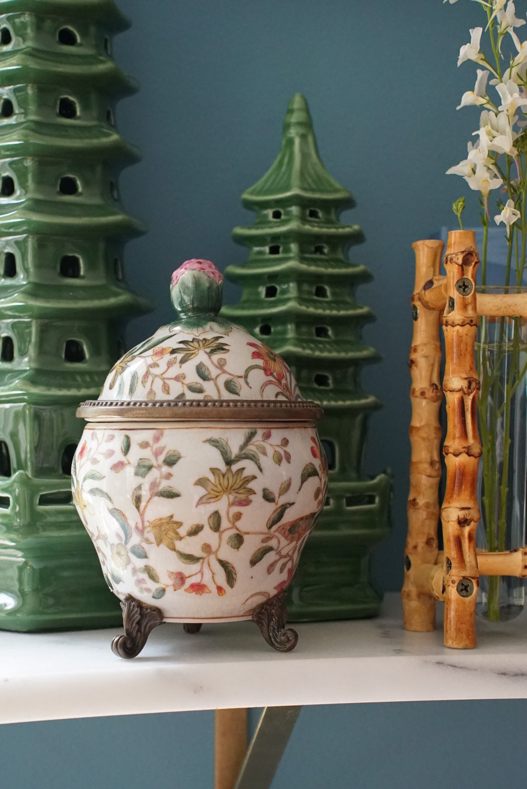Vintage Brass Mounted Chinoiserie Jar by Hua Rong Tang
