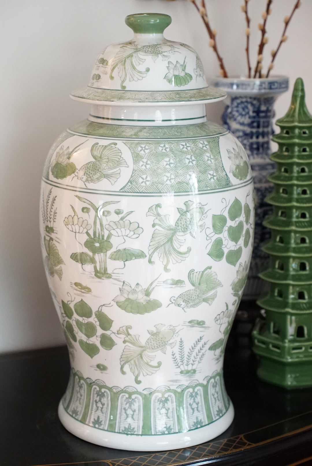 XL Green and White Lily Pond Temple Jar