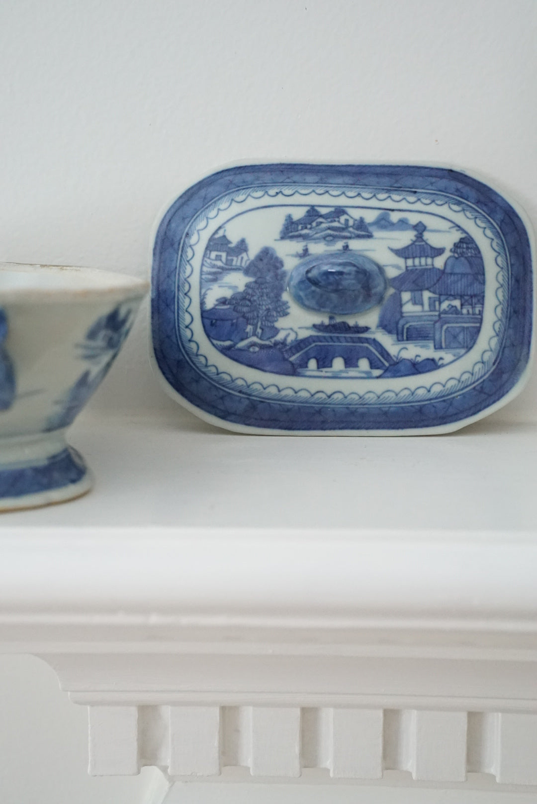 Antique Blue Canton Sauce Tureen with Boar Handles