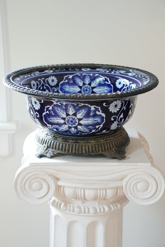 Vintage Large Ormolu Mounted Blue and White Bowl
