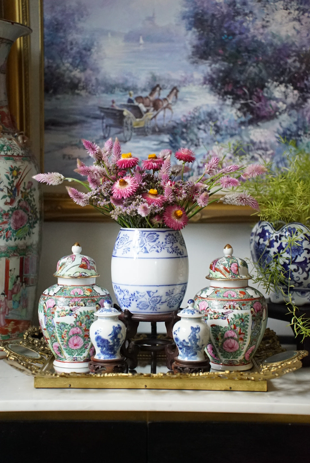 Pair of — Vintage Rose Medallion Temple Jars