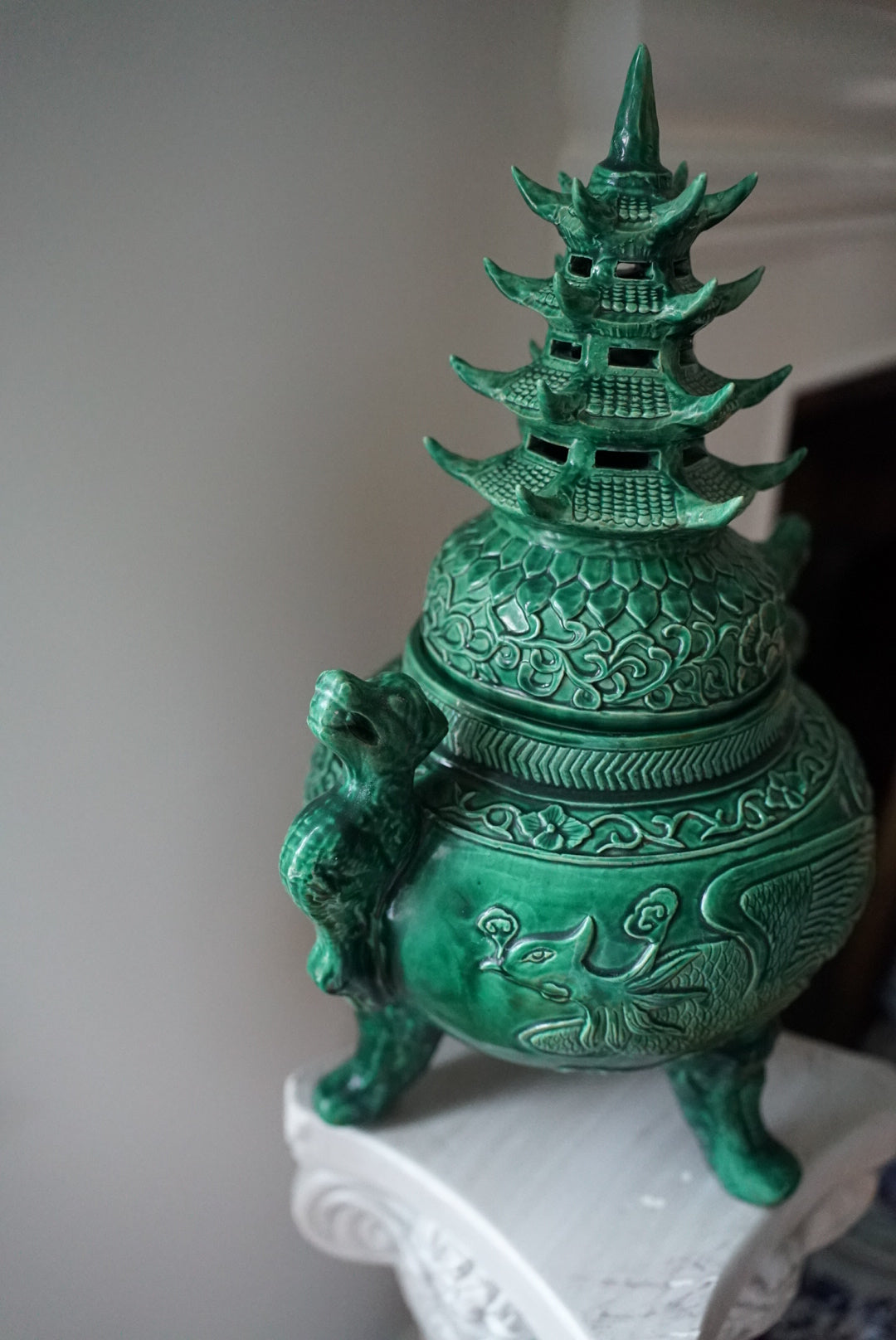 XL Green Pagoda-Topped Footed Urn