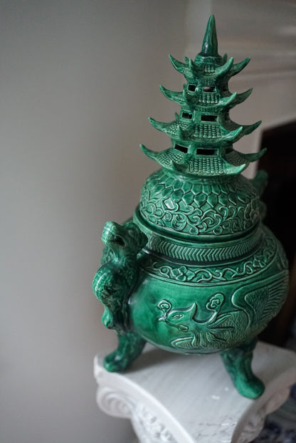 XL Green Pagoda-Topped Footed Urn