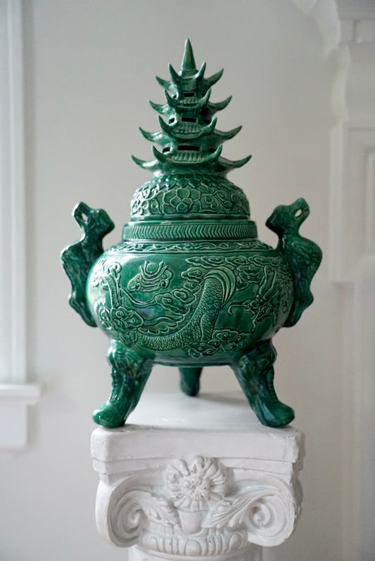 XL Green Pagoda-Topped Footed Urn