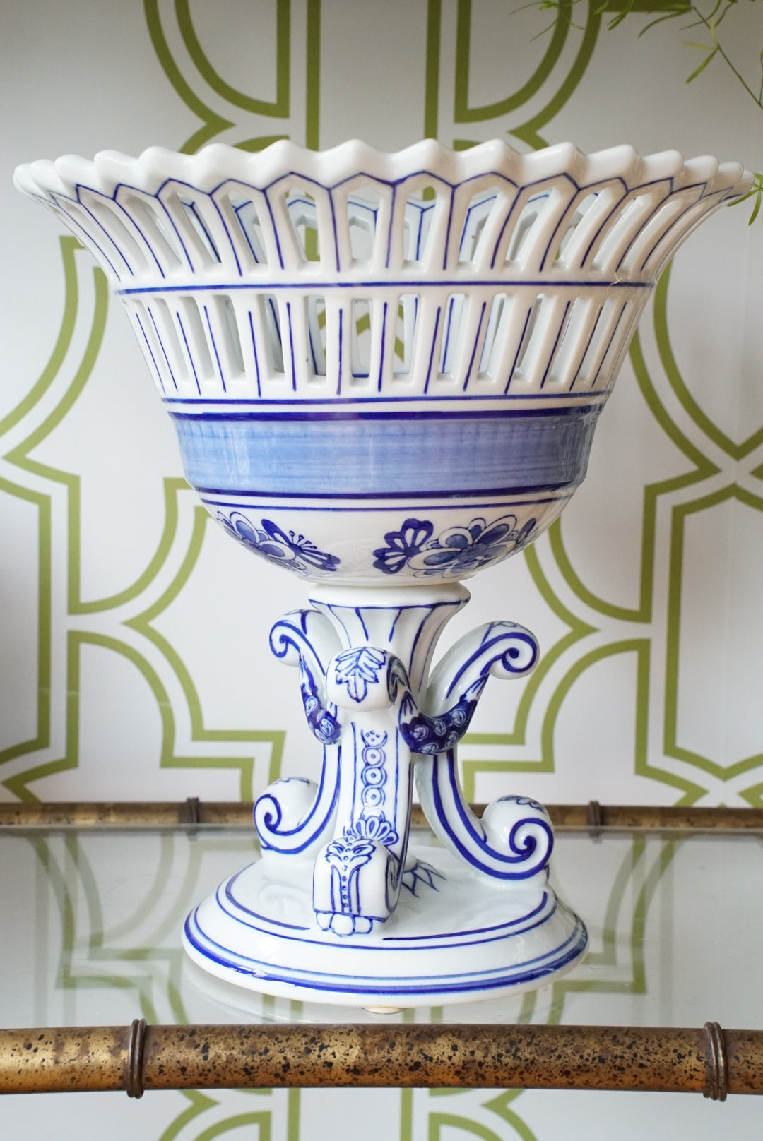 Vintage Blue and White Compote on Pedestal