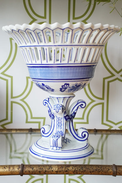 Vintage Blue and White Compote on Pedestal