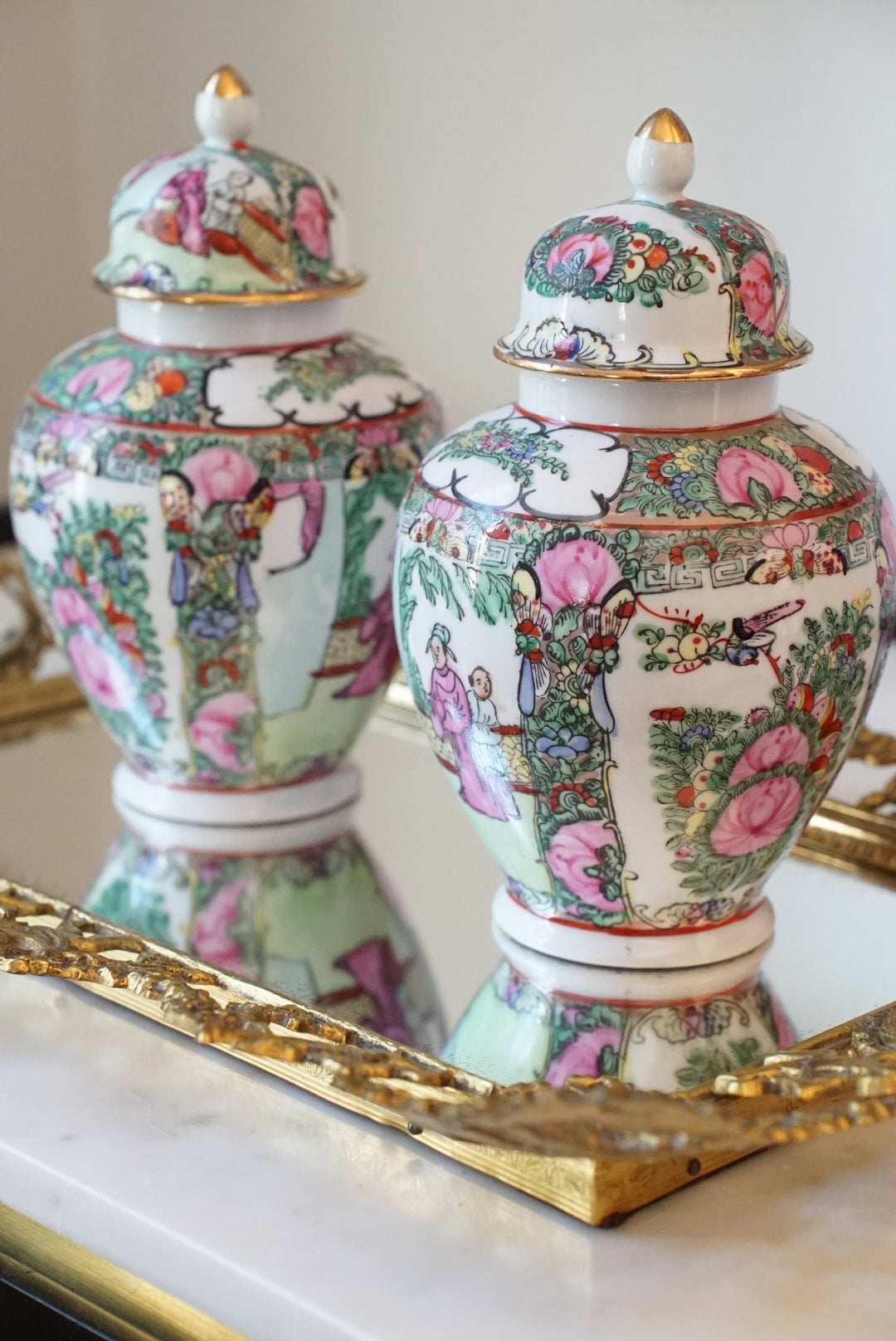 Pair of — Vintage Rose Medallion Temple Jars