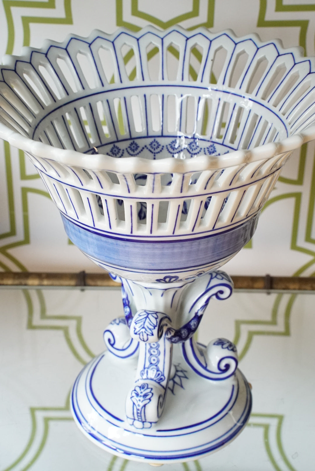 Vintage Blue and White Compote on Pedestal