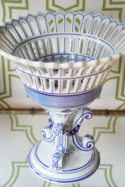 Vintage Blue and White Compote on Pedestal