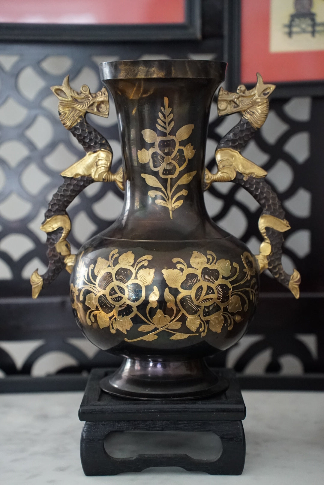 Vintage Black & Gold Etched Brass Vase with Dragon Handles